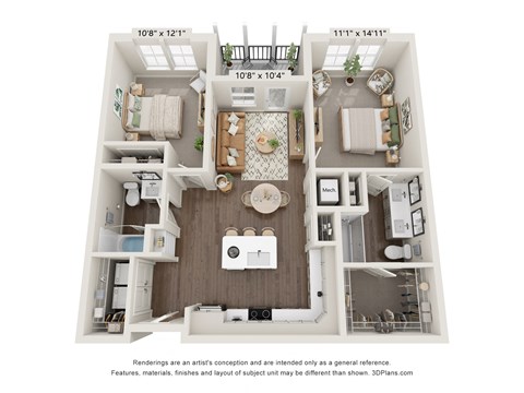Floor plan for 2 beds, 2 baths, 986 sqft